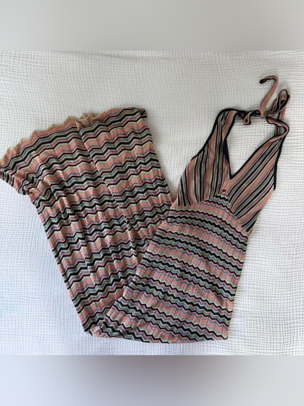 Trina Turk Chevron Striped Halter Maxi Dress Pink Multicolor Knit Boho S